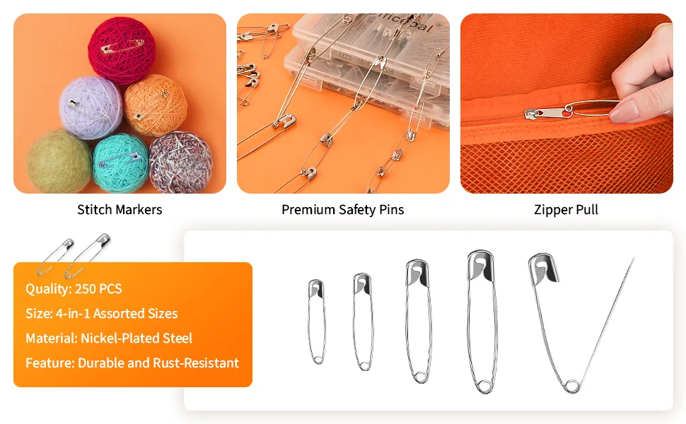 Officepal Premium Quality 4-Size Pack of Safety Pins- Top 250-Count Durable Rust-Resistant Nickel Plated Steel Set- Best Sewing Accessories Kit for Baby Clothing Crafts Arts (4-Size in 1 No.002) - Safety Pins