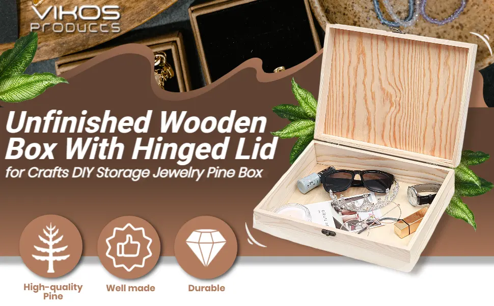 VIKOS Products (1-Pack Unfinished Unpainted Wooden Box with Hinged Lid for Crafts DIY Storage Jewelry Plain Pine Box - Small 6.7x5.1x3.1 - wooden box