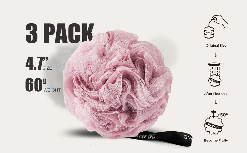Loofah Sponge Exfoliating Bath Sponge for Shower for Women Men 3 Pack (Pink Blue Gray) Pink Blue Gray 3 - shower pouf