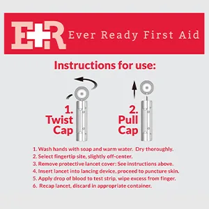 Ever Ready First Aid Sterile Twist-Cap Lancets 30G Purple - 150 Count - instructions USE png