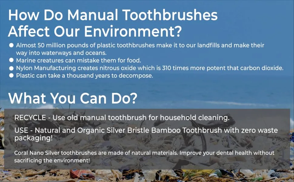 Coral Toothpaste Natural Biodegradable Nano Silver Infused Bamboo Toothbrush Eco-Friendly BPA-Free - 4 Pack - all natural toothbrush infused with coral nano silver
