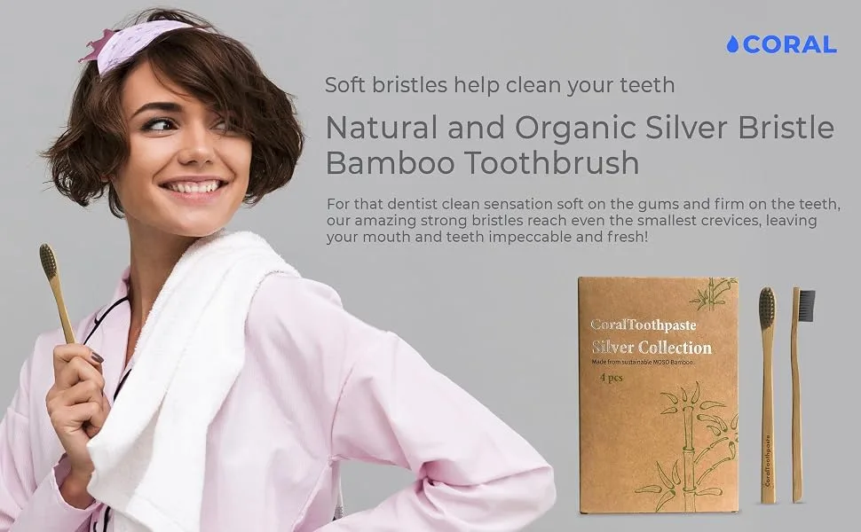 Coral Toothpaste Natural Biodegradable Nano Silver Infused Bamboo Toothbrush Eco-Friendly BPA-Free - 4 Pack - Natural and organic silver bristle bamboo toothbrush