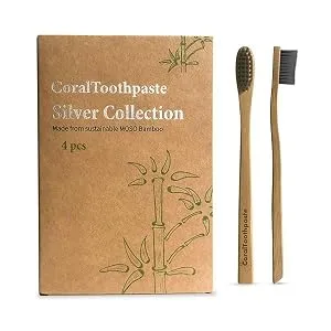 Coral Toothpaste Natural Biodegradable Nano Silver Infused Bamboo Toothbrush Eco-Friendly BPA-Free - 4 Pack - Natural and Organic Silver Bristle Bamboo Toothbrush