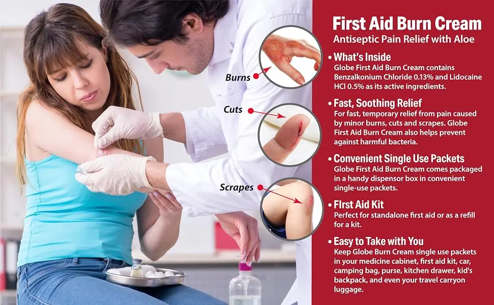 Globe First Aid Burn Cream 0.9g Packets (Box of 144) Advanced First Aid Cream for Temporary Relief of Minor Burns Cuts and Scrapes - Globe Burn Cream 0.9g Packet