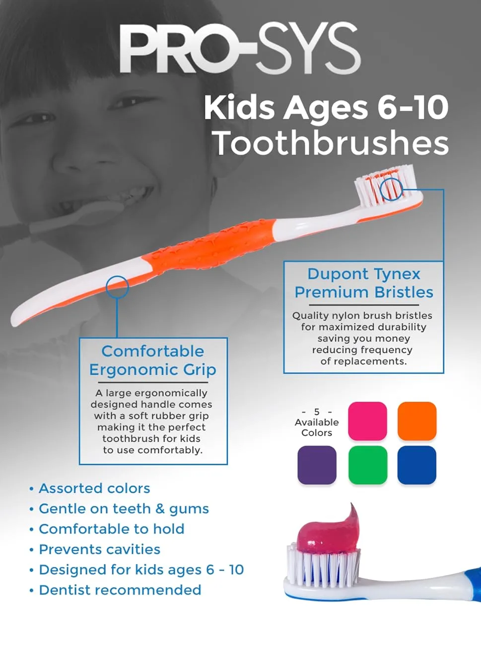 PRO-SYS Kids Toothbrush (Colorful 2-Pack) - Made with Soft Dupont bristles (Ages 6-10 for Young Children) - product information 1