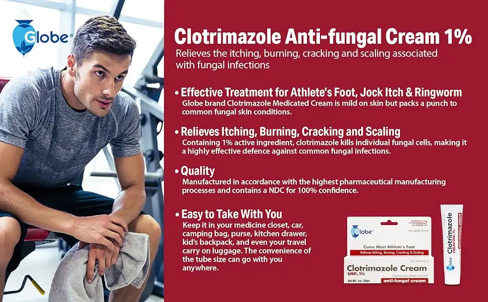 Globe (3 Pack) Clotrimazole Cream 1% (1 oz) Cures athlete s foot jock itch ringworm. Relieves the itching irritation redness scaling and discomfort. - Clotrimazole Cream
