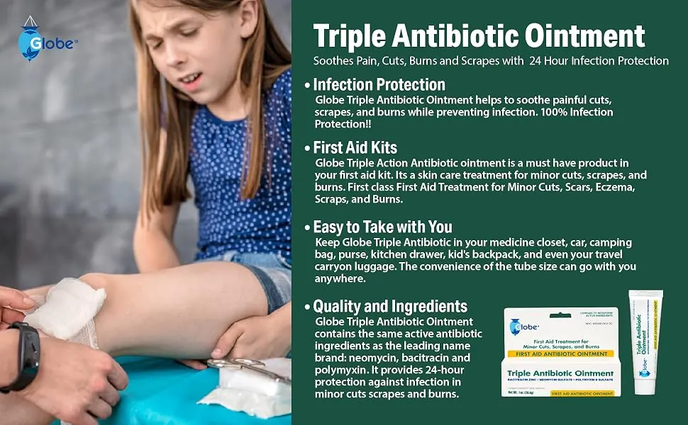 Globe Triple Antibiotic First Aid Ointment 0.5 oz (4-Pack) | 24-Hour Infection Protection | Wound Care Treatment for Minor Scrapes Burns and Cuts | 4 Pack - TRIPLE ANTIBIOTIC OINTMENT