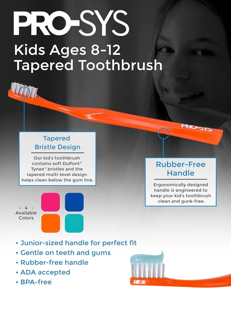 PRO-SYS Kids Toothbrush (Colorful 4-Pack) - Made with Soft Dupont Tapered Bristles (Ages 8-12) - product information 1