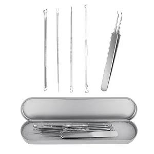 Blackhead Remover Tool Pimple Popper Tool Kit 5 Pack Blackhead Extractor Tools with Case Comedone Zit Acne Blemish Whitehead Removal Kit Professional Stainless Steel Extractor Tools for Face Nose - Package Includes