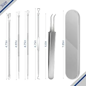 Blackhead Remover Tool Pimple Popper Tool Kit 5 Pack Blackhead Extractor Tools with Case Comedone Zit Acne Blemish Whitehead Removal Kit Professional Stainless Steel Extractor Tools for Face Nose - Size