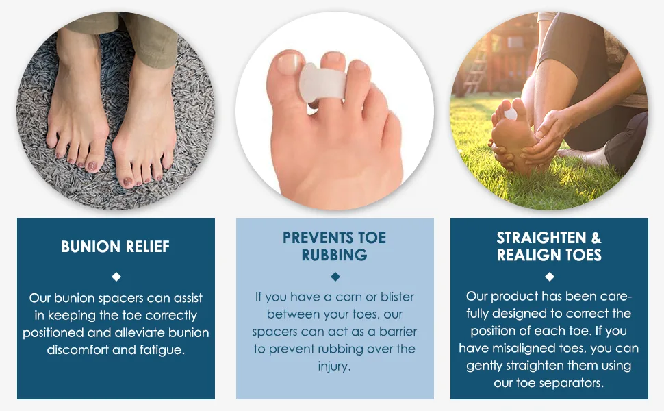 AllSett Health 8 Pack Toe Separators for Bunions - Toe Spacers Hammer Toe Straightener Correct Toes and Bunion Relief - 7. Our premium toe separator is comfortable and easy to use