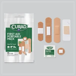 Curad First Aid Portable Pack Ideal for Travel Carry-on Backpacks Water Resistant Pouch Variety Size Bandages Alcohol Swabs 12 Packs - first aid