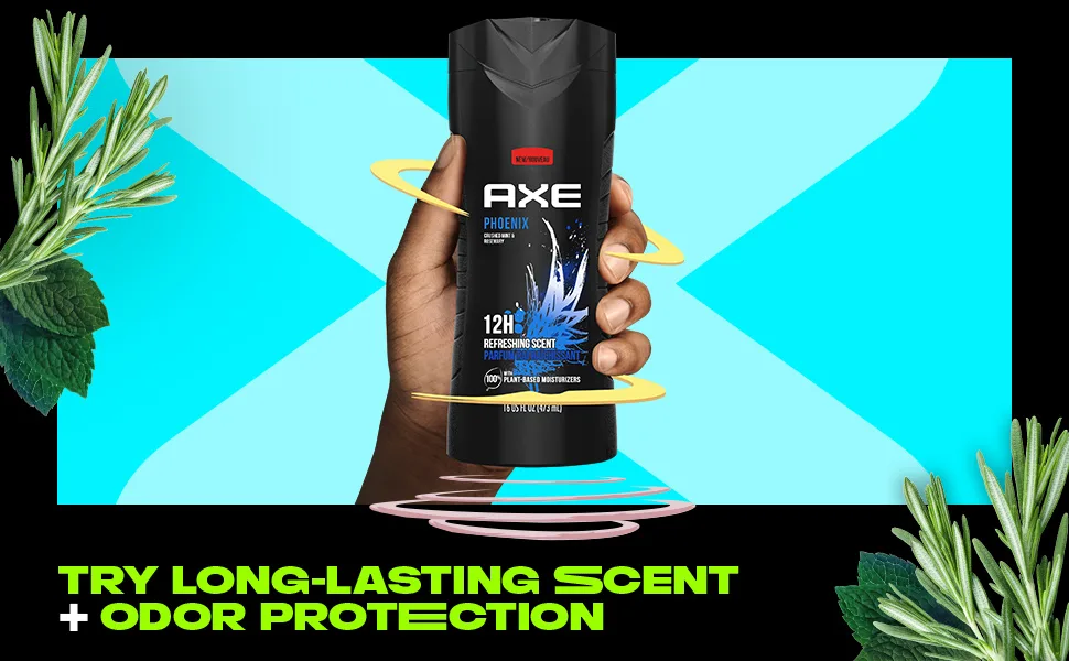 AXE Body Wash 12h Refreshing Scent Phoenix Crushed Mint & Rosemary Men's Body Wash With 100% Plant-Based Moisturizers 16oz 4 Pack - A hand showing an Axe Product:Body Wash Phoenix