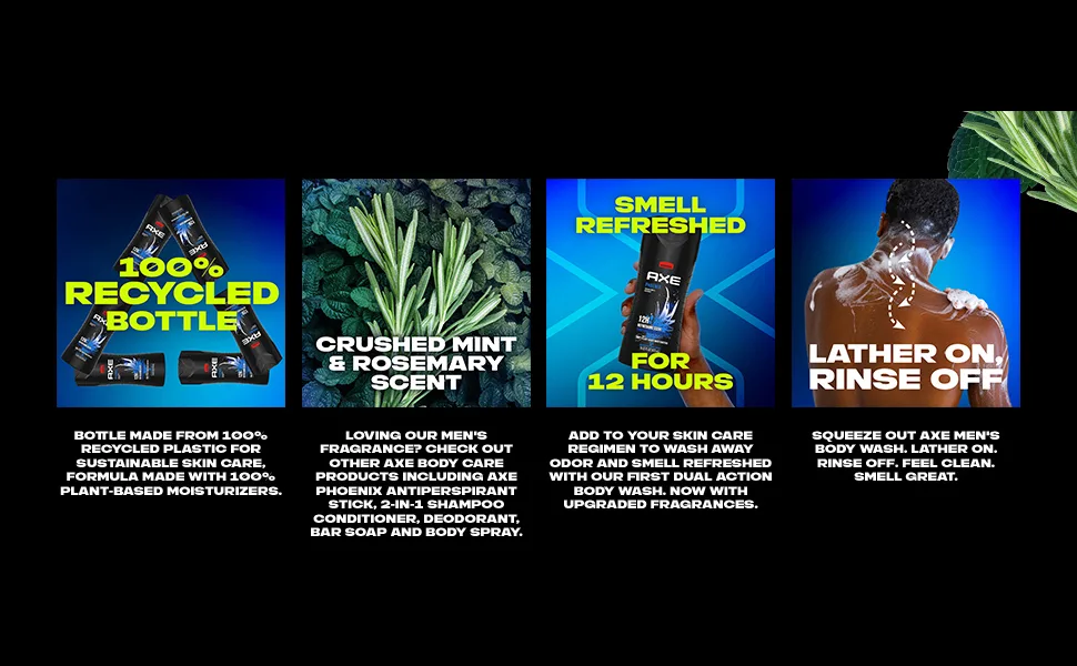 AXE Body Wash 12h Refreshing Scent Phoenix Crushed Mint & Rosemary Men's Body Wash With 100% Plant-Based Moisturizers 16oz 4 Pack - Module 3: Benefis images with text