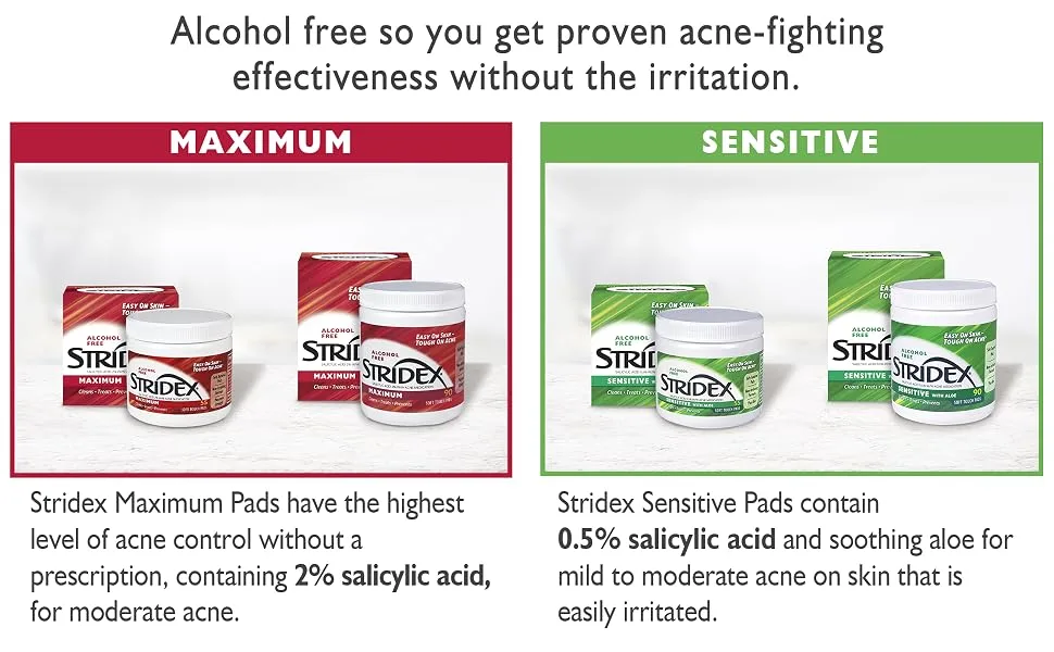 Stridex Medicated Acne Pads Sensitive 90-count (Pack of 3) - Stridex Maximum and Sensitive strength pads 55 ct. and 90 ct. shown with jars outside of boxes.