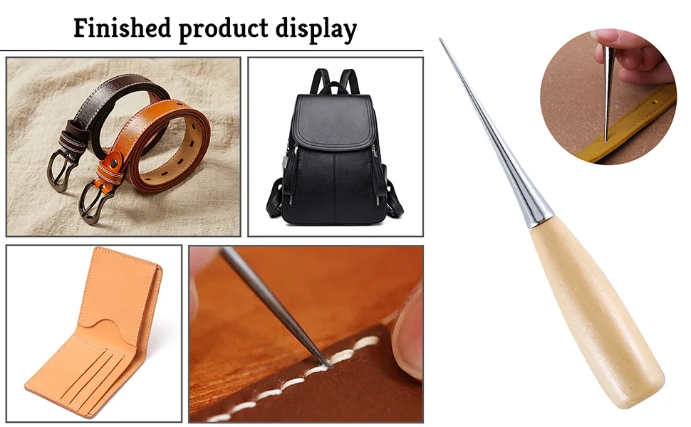 WUTA Leather Craft Awl Tools Leather Hole Punch Tool Sewing Punching Hole Maker Stitching Over Stitch Wood Handle 3 Packs - Leather Craft Awl