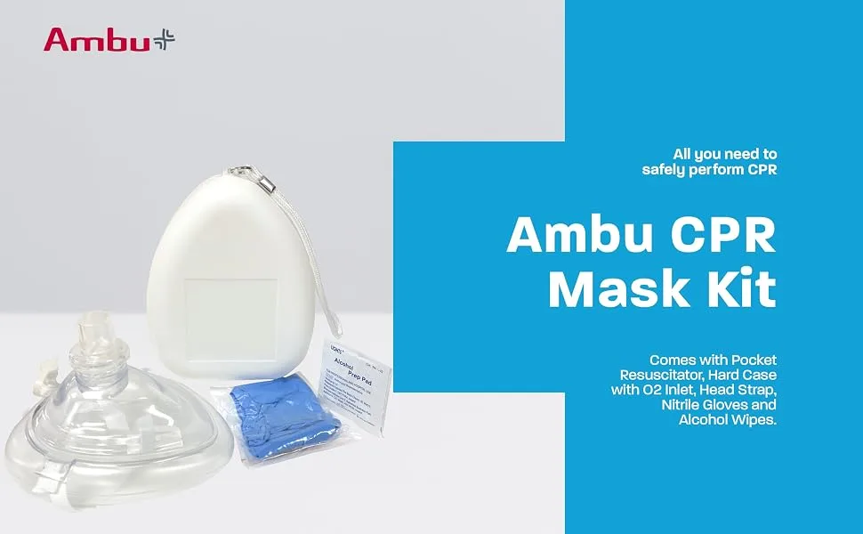 Ambu CPR Mask Kit Pocket Resuscitator Hard Case with O2 Inlet Head Strap Gloves and Wipes (1) - car emergency kit, first aid kit for home, first aid kit for car, nurse accessories for work