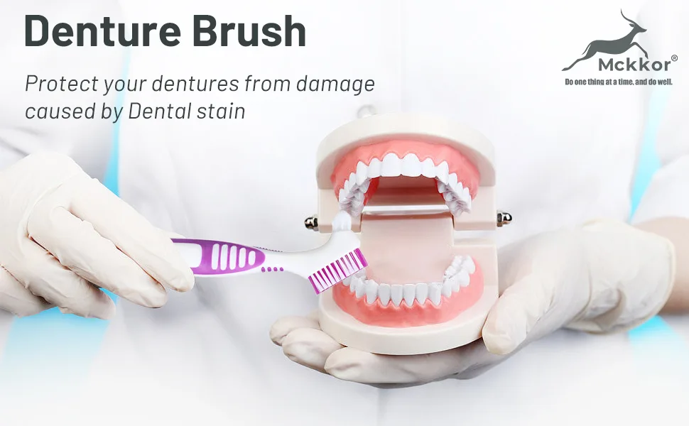 Mckkor Denture Brush 4 Pack Cleaning Brush Double Sided Denture Toothbrushes Multi-Layered Bristles & Ergonomic Rubber Anti-Slip Handle Denture Brush Toothbrush for Denture Cleaning Care - denture brush Protect your dentures from damage caused by Dental stain
