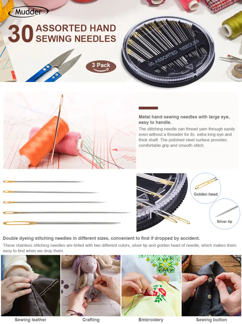 30-Count Assorted Hand Sewing Needles Set 3 Pack - product information 1