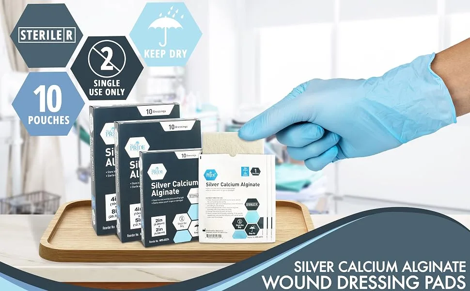Medpride Silver Calcium Alginate Wound Dressing Pads| 4 x 5 Patches 10-Pack| Antimicrobial Non-Stick Padding Sterile Highly Absorbent & Comfortable| 4'' x 5'' - product information 2