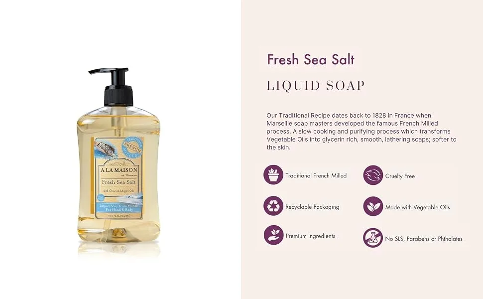 A La Maison Soap - French Liquid Hand Soap - Fresh Sea Salt 16.9 Fl Oz (Pack of 3) - Liquid Soap