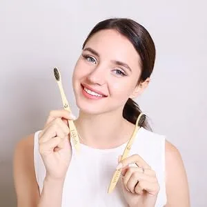 Isshah Biodegradable Eco-Friendly Natural Compostable Bamboo Toothbrushes - Pack Of 8 - NATURAL BAMBOO HANDLE