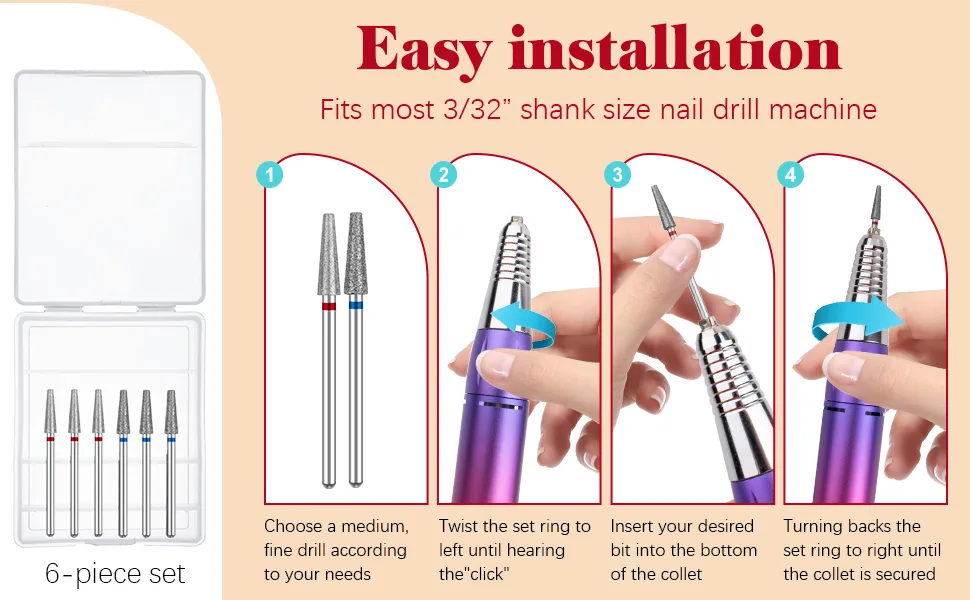 Difenni Nail Drill Bits Cuticle Nail Drill Bit Tapered Shape Cuticle Drill Bits with Storage Case 3/32 Shank Efile Bits for Nail Prep and Manicure Pedicure Tools(Fine&Medium) - Cuticle Nail Drill Bit3