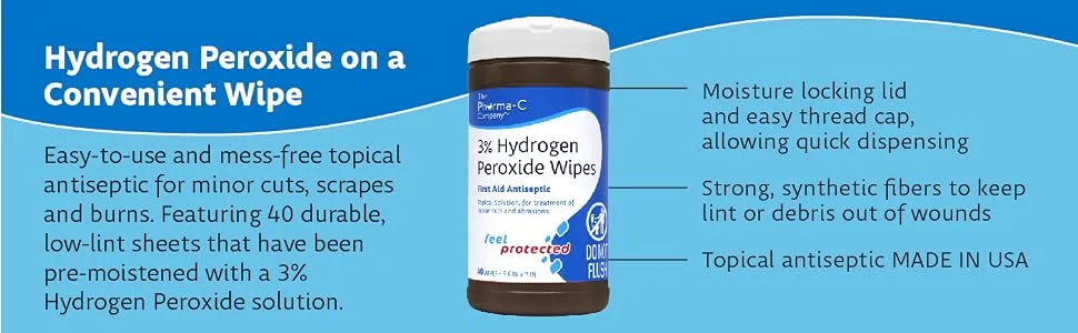 Pharma-C 3% Hydrogen Peroxide Wipes 6 pack - 40ct canisters - First Aid. H202 Skin Safe Antiseptic Wound Cleaner. MADE IN USA - first aid antiseptic wipe pad hydrogen peroxide