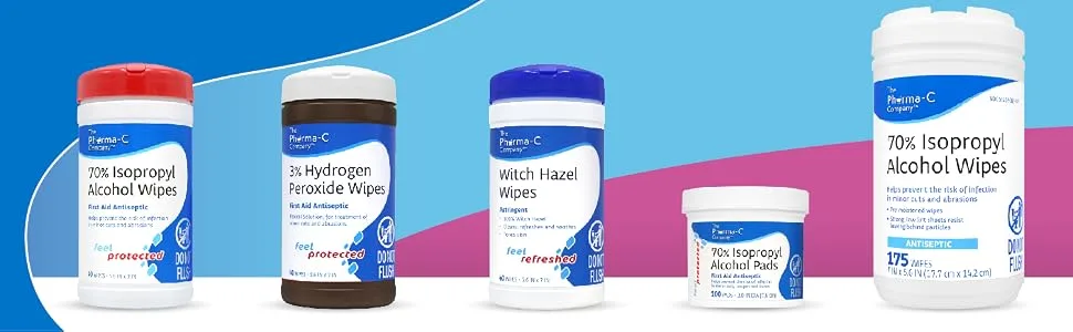 Pharma-C 3% Hydrogen Peroxide Wipes 6 pack - 40ct canisters - First Aid. H202 Skin Safe Antiseptic Wound Cleaner. MADE IN USA - first aid wipe antiseptic isopropyl alcohol wound care health hydrogen peroxide