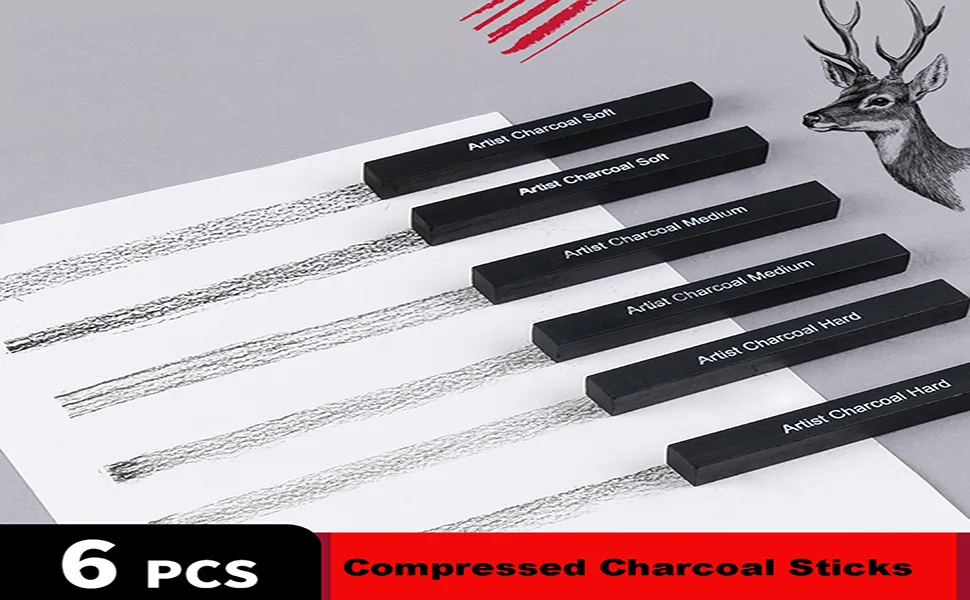 ANNECOSK 6 Pack Compressed-Charcoal-Sticks Vine Charcoal Sticks for Drawing Sketching Shading Art Supplies Sketch Kits Tools Soft Medium and Hard Grade 6Pack charcoal stick - CHARCOAL STICKS 6 PACK
