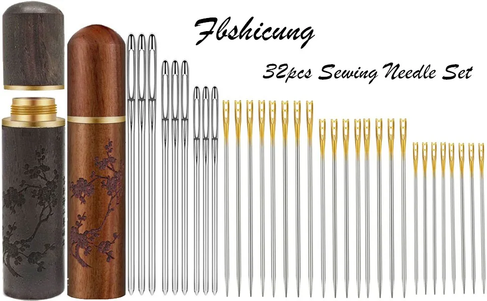 Fbshicung 24 Pieces Self Threading Needles Double Hole Needles 6 Pieces Large Eye Stitching Needles Sewing Needles with 2 Pieces Wooden Needle Case Carving Pattern Case for Sewing Embroidery - product information 1