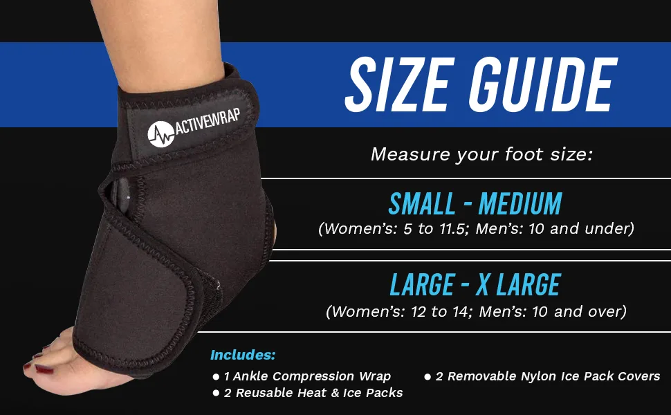 ActiveWrap Foot & Ankle Ice Pack Wrap with Reusable Hot Cold Packs for Plantar Fasciitis Pain Achilles Injuries Small/Medium Black - calming heat ankle wrap stress fracture foot support ice pack boots for severs disease insoles