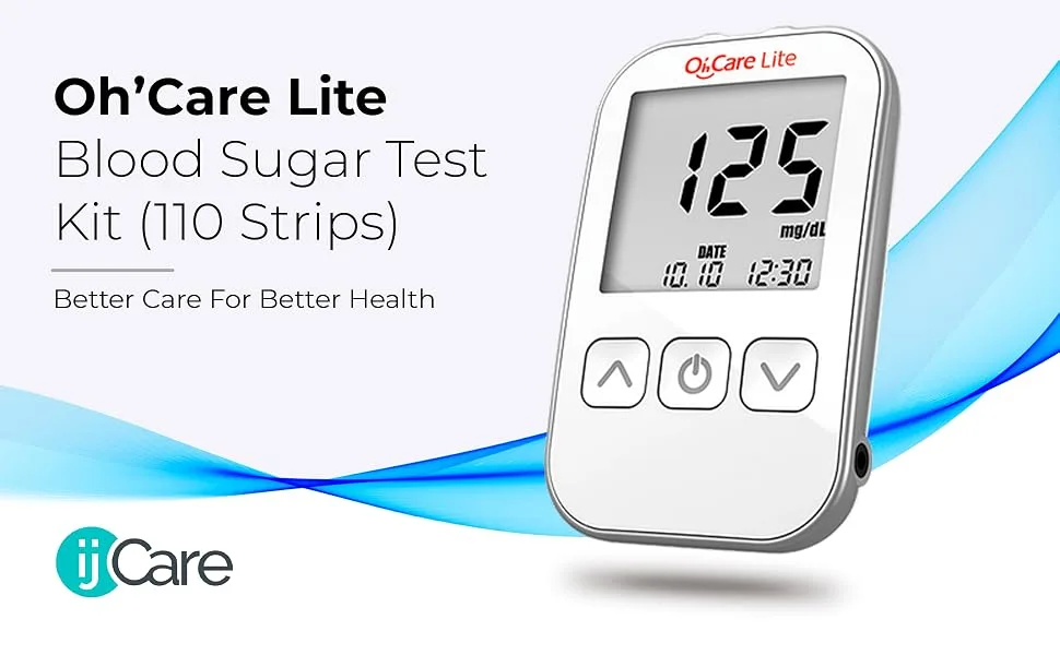 Oh Care Lite Blood Sugar Test Kit Blood Glucose Meter with Strips and Lancets Lancing Device Log and Case - One Touch Eject Glucometer (110 Strips 125 Lancets & Control Solution) - Hero
