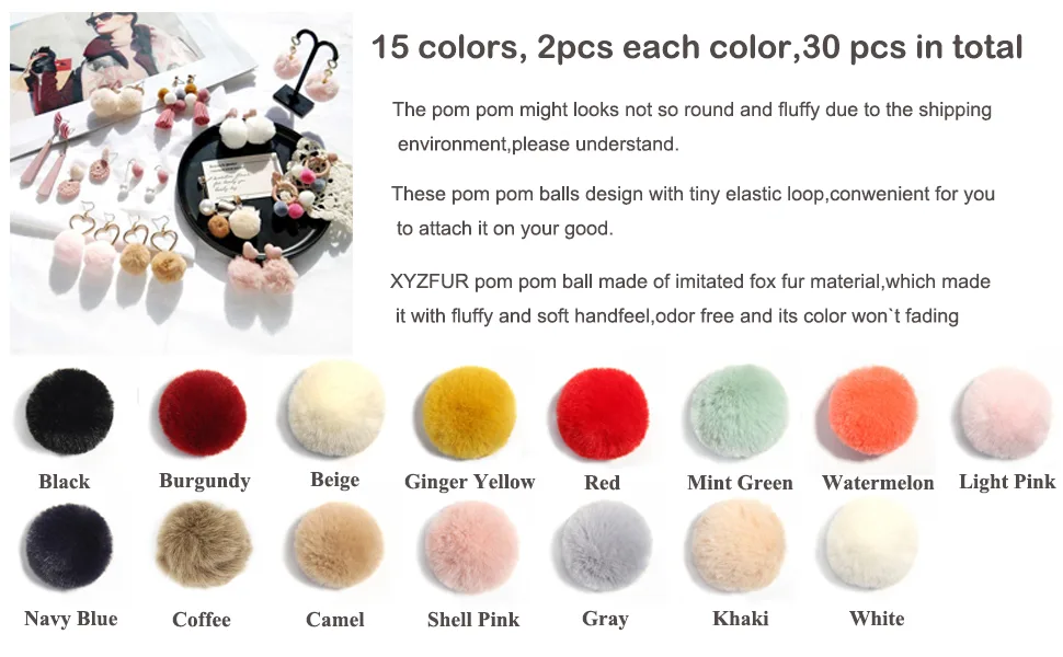 Pack of 30PCS Mini Small Faux Fur Balls Soft Pom Poms Beads with Elastic Loop 30mm Handmade DIY Crafts (3 cm Mix Colors ) - head