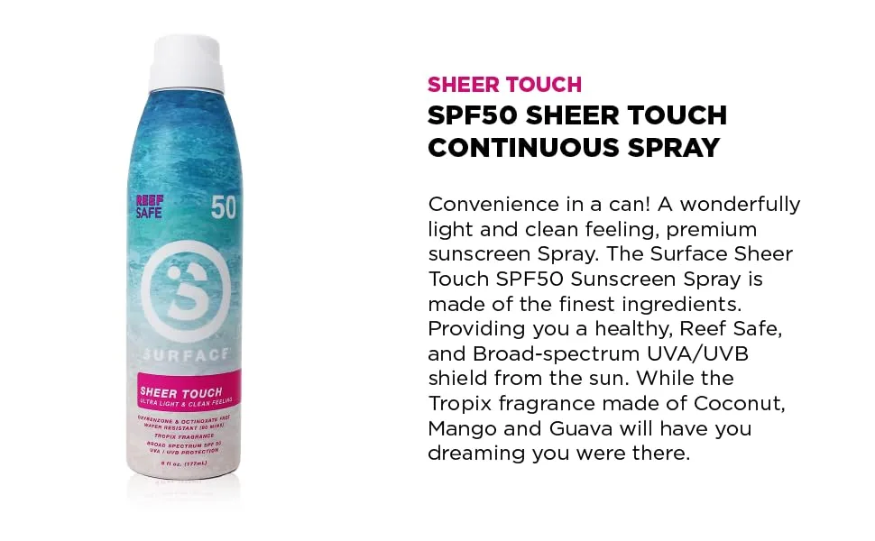 Surface Sheer Touch Spray Sunscreen - Lightweight & Water Resistant Sunscreen Spray with Broad Spectrum UVA/UVB Protection - Cruelty & Paraben Free Reef Friendly - SPF 50 6 Fl Oz (2 Pack) - surface, sheer touch spray sunscreen, spray sunscreen, reef safe, broad spectrum, water resistant
