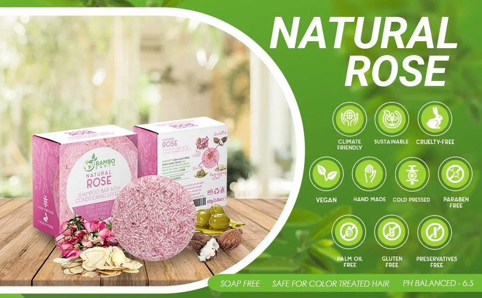 BAMBOEARTH Solid Shampoo Bar And Conditioner Effect Hair Soap 100% Organic Shampoo Bars For Hair With All Natural Plant Based Essential Oils And Zero Waste Biodegradable Packaging (Rose) - Shampoo bar bars natural hair conditioner body