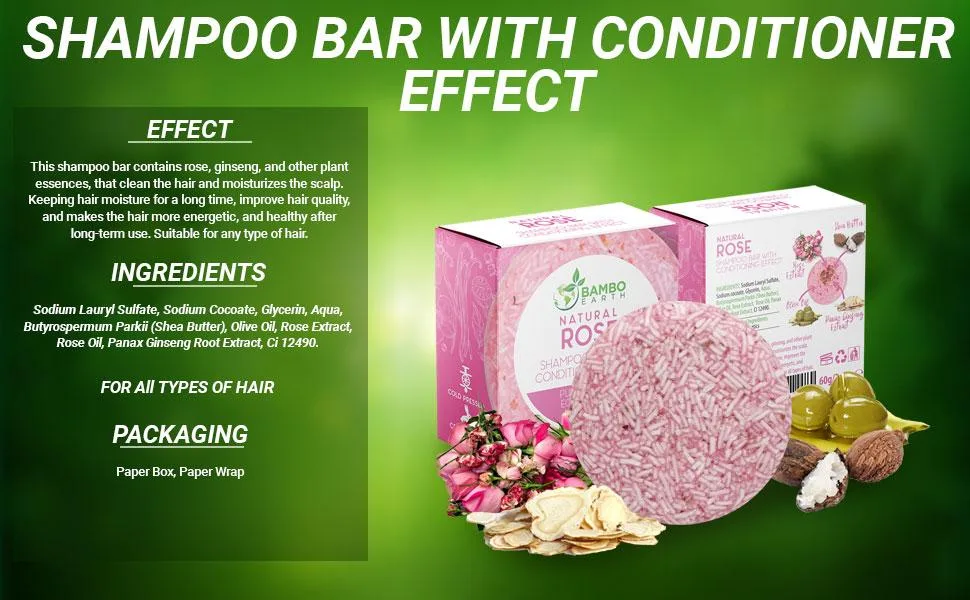 BAMBOEARTH Solid Shampoo Bar And Conditioner Effect Hair Soap 100% Organic Shampoo Bars For Hair With All Natural Plant Based Essential Oils And Zero Waste Biodegradable Packaging (Rose) - Shampoo bar bars natural hair conditioner body