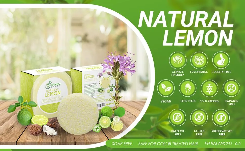 BAMBOEARTH Solid Shampoo Bar And Conditioner Effect Hair Soap 100% Organic Shampoo Bars For Hair With All Natural Plant Based Essential Oils And Zero Waste Biodegradable Packaging (Lemon) - Shampoo bar bars natural hair conditioner body