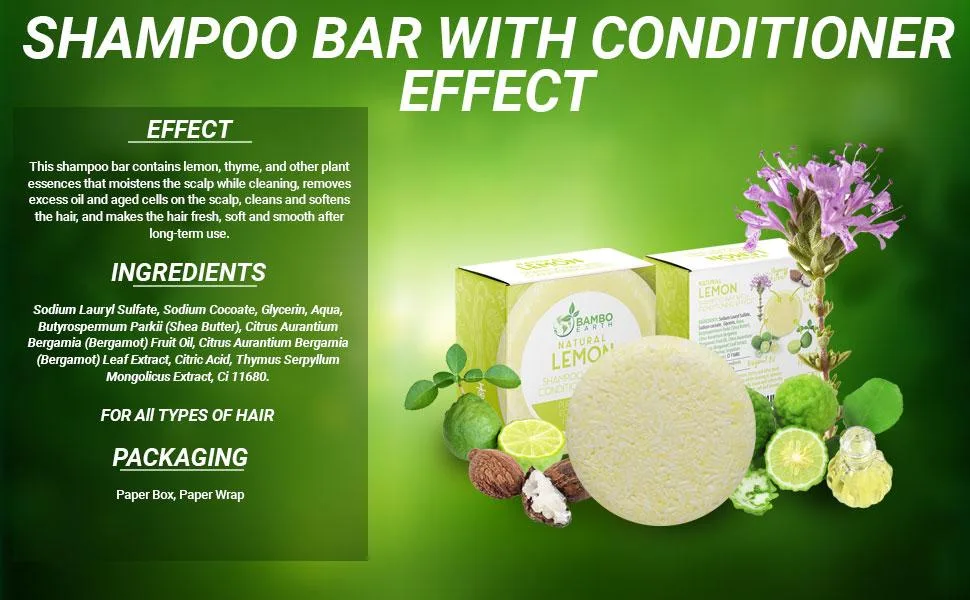 BAMBOEARTH Solid Shampoo Bar And Conditioner Effect Hair Soap 100% Organic Shampoo Bars For Hair With All Natural Plant Based Essential Oils And Zero Waste Biodegradable Packaging (Lemon) - Shampoo bar bars natural hair conditioner body