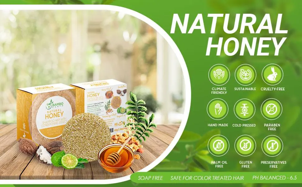 BAMBOEARTH Solid Shampoo Bar And Conditioner Effect Hair Soap 100% Organic Shampoo Bars For Hair With All Natural Plant Based Essential Oils And Zero Waste Biodegradable Packaging (Honey) - Shampoo bar bars natural hair conditioner body