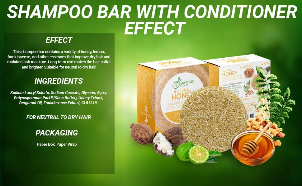 BAMBOEARTH Solid Shampoo Bar And Conditioner Effect Hair Soap 100% Organic Shampoo Bars For Hair With All Natural Plant Based Essential Oils And Zero Waste Biodegradable Packaging (Honey) - Shampoo bar bars natural hair conditioner body