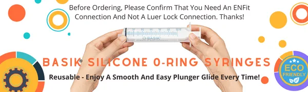 BASIK 60cc O Ring ENFit Feeding Syringe 5/Pack - This is only compatable with an ENFit connection. Confirm that you use ENFit before ordering. - Image of Basik brand 60cc o ring enfit syringe