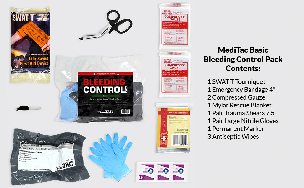 MediTac Basic Bleeding Control Pack Feat. SWAT-T Tourniquet Emergency Bandage and Compressed Gauze Dressing - Basic - MTBCPB Kit Contents WITH SWAT-T