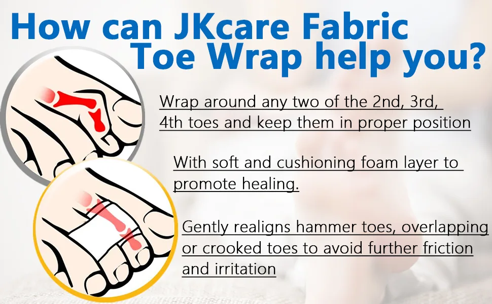 JKcare Broken Toe Wraps 8 Pack Improved Hammer Toe Cushion Bandages Toe Buddy Separator Splint for Overlapping Bent Crooked Toe Pain Relief - Temporary Toe Straighteners - How can JKcare Fabric Toe Wrap help you