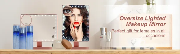 Extra Large Lighted Makeup Mirror Makeup Vanity Mirror with 35 LED Lights and 10X Magnification Touch Screen Dimmable 360 Rotation Cord and Cordless Countertop Cosmetic Mirror (Rose gold) - extra large lighted makeup mirror with magnification 10X