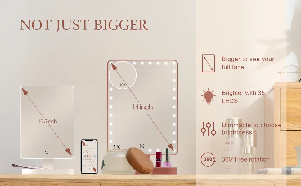 Extra Large Lighted Makeup Mirror Makeup Vanity Mirror with 35 LED Lights and 10X Magnification Touch Screen Dimmable 360 Rotation Cord and Cordless Countertop Cosmetic Mirror (Rose gold) - large vanitu makeup mirror with lights