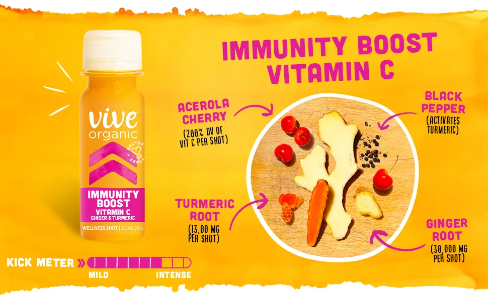 Vive Organic Immune Support Shot Cold-Pressed Ginger Turmeric & Cayenne Gluten Free Vegan Immunity Boost Cayenne 2 Fl Oz (Pack of 12) Immunity Boost (Cayenne) - vive organic immunity boost ginger shot wellness turmeric vitamin c