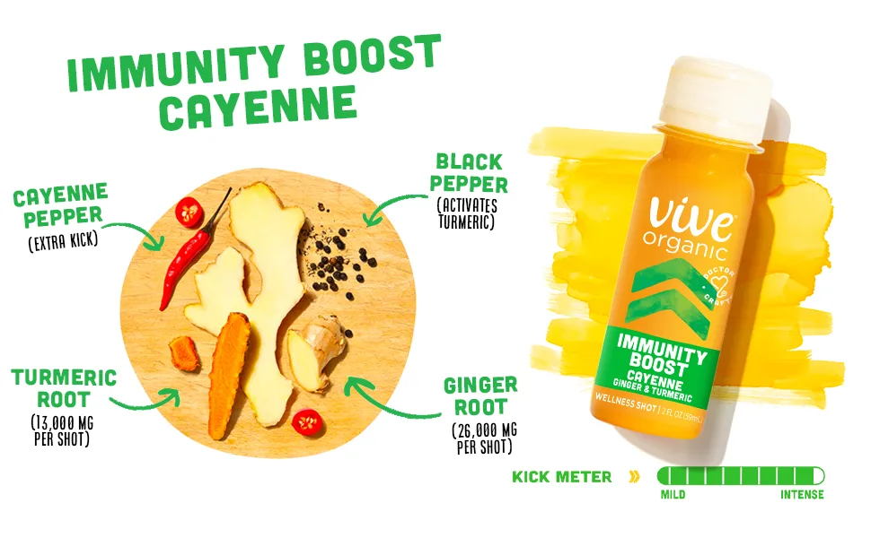 Vive Organic Immune Support Shot Cold-Pressed Ginger Turmeric & Cayenne Gluten Free Vegan Immunity Boost Cayenne 2 Fl Oz (Pack of 12) Immunity Boost (Cayenne) - vive organic immunity boost ginger shot wellness turmeric vitamin c cayenne