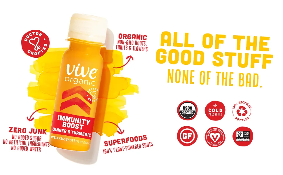 Vive Organic Immune Support Shot Cold-Pressed Ginger Turmeric & Cayenne Gluten Free Vegan Immunity Boost Cayenne 2 Fl Oz (Pack of 12) Immunity Boost (Cayenne) - vive organic immunity boost ginger shot wellness turmeric vitamin c cayenne