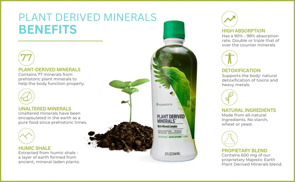 Youngevity Plant Derived Minerals Multi-Mineral Complex | Made from Humic Shale | Liquid Colloidal Form | 2 Bottles 32 Fl Oz (Pack of 2) - Plant Derived Minerals Benefits